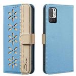 For Redmi Note 10 5G / Note 10T 5G Splicing Color Hollow Flower Pattern RFID Leather Phone Case(Baby Blue)