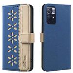 For Redmi Note 11 / Note 11S Splicing Color Hollow Flower Pattern RFID Leather Phone Case(Dark Blue)
