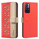 For Redmi Note 11 / Note 11S Splicing Color Hollow Flower Pattern RFID Leather Phone Case(Red)