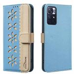 For Redmi Note 11 / Note 11S Splicing Color Hollow Flower Pattern RFID Leather Phone Case(Baby Blue)