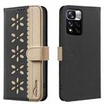 For Redmi Note 11 Pro Global 6.67 inch Splicing Color Hollow Flower Pattern RFID Leather Phone Case(Black)