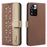 For Redmi Note 11 Pro Global 6.67 inch Splicing Color Hollow Flower Pattern RFID Leather Phone Case(Brown)