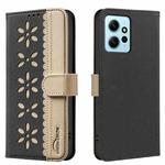 For Redmi Note 12 4G Splicing Color Hollow Flower Pattern RFID Leather Phone Case(Black)
