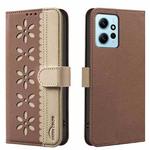 For Redmi Note 12 4G Splicing Color Hollow Flower Pattern RFID Leather Phone Case(Brown)
