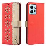 For Redmi Note 12 4G Splicing Color Hollow Flower Pattern RFID Leather Phone Case(Red)