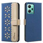 For Redmi Note 12 5G Splicing Color Hollow Flower Pattern RFID Leather Phone Case(Dark Blue)