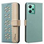 For Redmi Note 12 5G Splicing Color Hollow Flower Pattern RFID Leather Phone Case(Green)