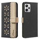 For Redmi Note 12 Pro+ Splicing Color Hollow Flower Pattern RFID Leather Phone Case(Black)