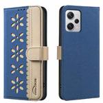 For Redmi Note 12 Pro+ Splicing Color Hollow Flower Pattern RFID Leather Phone Case(Dark Blue)