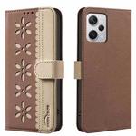 For Redmi Note 12 Pro+ Splicing Color Hollow Flower Pattern RFID Leather Phone Case(Brown)