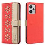 For Redmi Note 12 Pro+ Splicing Color Hollow Flower Pattern RFID Leather Phone Case(Red)