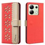 For Redmi Note 13 4G Global Splicing Color Hollow Flower Pattern RFID Leather Phone Case(Red)