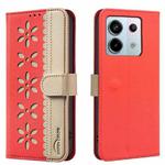 For Redmi Note 13 Pro 5G Splicing Color Hollow Flower Pattern RFID Leather Phone Case(Red)