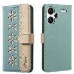 For Redmi Note 13 Pro+ 5G Splicing Color Hollow Flower Pattern RFID Leather Phone Case(Green)