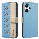 For Redmi Note 13 Pro+ 5G Splicing Color Hollow Flower Pattern RFID Leather Phone Case(Baby Blue)