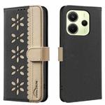 For Redmi Note 14 4G 163.25mm Splicing Color Hollow Flower Pattern RFID Leather Phone Case(Black)