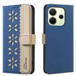 For Redmi Note 14 4G 163.25mm Splicing Color Hollow Flower Pattern RFID Leather Phone Case(Dark Blue)