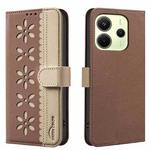 For Redmi Note 14 4G 163.25mm Splicing Color Hollow Flower Pattern RFID Leather Phone Case(Brown)