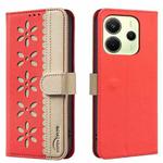 For Redmi Note 14 4G 163.25mm Splicing Color Hollow Flower Pattern RFID Leather Phone Case(Red)