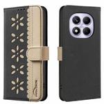 For Redmi Note 14 Pro 4G Splicing Color Hollow Flower Pattern RFID Leather Phone Case(Black)