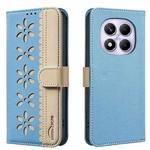 For Redmi Note 14 Pro 4G Splicing Color Hollow Flower Pattern RFID Leather Phone Case(Baby Blue)