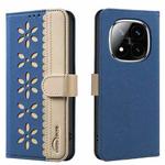 For Redmi Note 14 Pro 5G / 14 Pro+ 5G Splicing Color Hollow Flower Pattern RFID Leather Phone Case(Dark Blue)