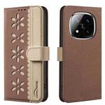 For Redmi Note 14 Pro 5G / 14 Pro+ 5G Splicing Color Hollow Flower Pattern RFID Leather Phone Case(Brown)