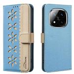 For Redmi Note 14 Pro 5G / 14 Pro+ 5G Splicing Color Hollow Flower Pattern RFID Leather Phone Case(Baby Blue)