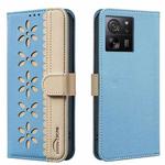 For Redmi K60 Ultra Splicing Color Hollow Flower Pattern RFID Leather Phone Case(Baby Blue)
