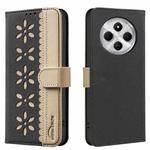For Redmi 14C Splicing Color Hollow Flower Pattern RFID Leather Phone Case(Black)