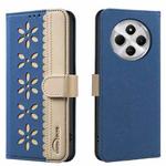 For Redmi 14C Splicing Color Hollow Flower Pattern RFID Leather Phone Case(Dark Blue)