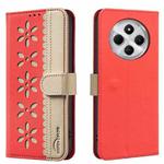 For Redmi 14C Splicing Color Hollow Flower Pattern RFID Leather Phone Case(Red)