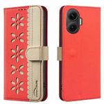 For Redmi Turbo 4 Pro Splicing Color Hollow Flower Pattern RFID Leather Phone Case(Red)