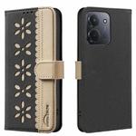 For Redmi 15C 4G 173.1mm / 15C 5G 173.1mm Splicing Color Hollow Flower Pattern RFID Leather Phone Case(Black)