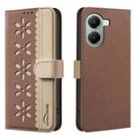 For Xiaomi Poco X7 Pro Splicing Color Hollow Flower Pattern RFID Leather Phone Case(Brown)