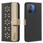 For Xiaomi Poco C55 Splicing Color Hollow Flower Pattern RFID Leather Phone Case(Black)