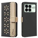 For Xiaomi Poco F6 Pro 5G Splicing Color Hollow Flower Pattern RFID Leather Phone Case(Black)