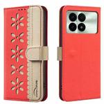 For Xiaomi Poco F6 Pro 5G Splicing Color Hollow Flower Pattern RFID Leather Phone Case(Red)