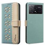 For Xiaomi Poco X6 Pro 5G Splicing Color Hollow Flower Pattern RFID Leather Phone Case(Green)
