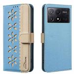 For Xiaomi Poco X6 Pro 5G Splicing Color Hollow Flower Pattern RFID Leather Phone Case(Baby Blue)