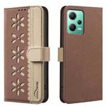 For Xiaomi Poco X5 Splicing Color Hollow Flower Pattern RFID Leather Phone Case(Brown)