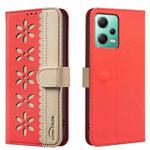 For Xiaomi Poco X5 Splicing Color Hollow Flower Pattern RFID Leather Phone Case(Red)