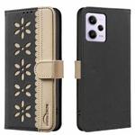 For Xiaomi Poco X5 Pro Splicing Color Hollow Flower Pattern RFID Leather Phone Case(Black)