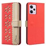 For Xiaomi Poco X5 Pro Splicing Color Hollow Flower Pattern RFID Leather Phone Case(Red)