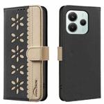 For Xiaomi Poco M7 Pro 5G Splicing Color Hollow Flower Pattern RFID Leather Phone Case(Black)