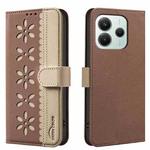 For Xiaomi Poco M7 Pro 5G Splicing Color Hollow Flower Pattern RFID Leather Phone Case(Brown)