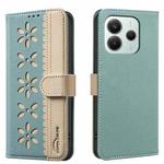 For Xiaomi Poco M7 Pro 5G Splicing Color Hollow Flower Pattern RFID Leather Phone Case(Green)