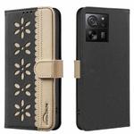 For Xiaomi 13T Splicing Color Hollow Flower Pattern RFID Leather Phone Case(Black)