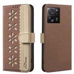 For Xiaomi 13T Splicing Color Hollow Flower Pattern RFID Leather Phone Case(Brown)