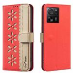For Xiaomi 13T Splicing Color Hollow Flower Pattern RFID Leather Phone Case(Red)